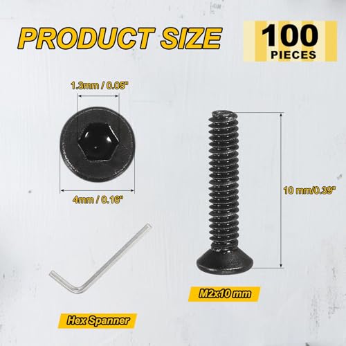 PATIKIL M2x10mm Flat Head Socket Cap Screws Carbon Steel Hex Spanner 100Pcs - size: M2x10 mm