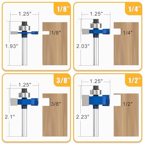 4Pcs Rabbet Router Bit 1/4" Shank with 6 Bearings Set - 1/16", 3/16", 1/4", 5/16", 3/8", 7/16". Interchangeable Bearings with 1/2" to 1/4" Router Collett