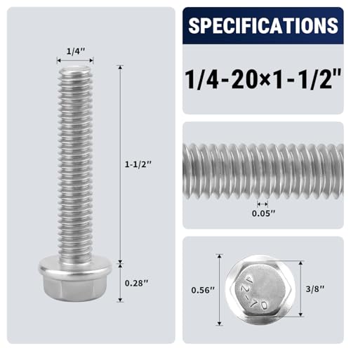 1/4-20 x 1-1/2" Flange Hex Bolts, 304 Stainless Steel 18-8, A2-70 Grade, Non-Serrated Flange Bolts for Automotive Repair, Fully Threaded, 20 Pcs - size: 1/4-20 x 1-1/2