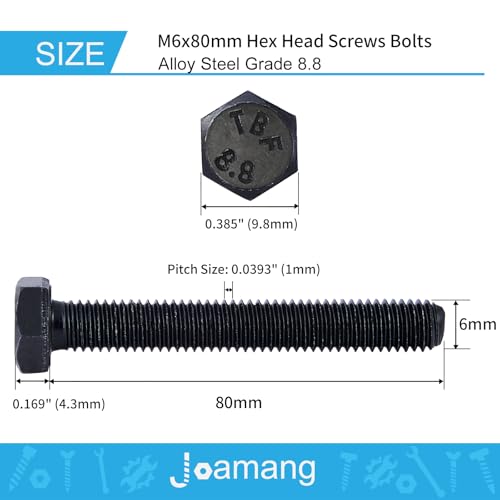 M6 x 80mm 10Pcs Hex Head Screws Bolts, M6 x 1.0 Bolt, 8.8 Grade Alloy Steel, Hexagon Head Screws, Black Oxide Finish, Metric Full Machine Thread - size: M6 x 80 mm(10PCS)
