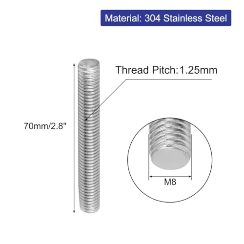 uxcell M8 x 70mm 1.25mm Pitch 304 Stainless Steel Fully Threaded Rods Bar Studs 10 Pcs - size: M8 x 70mm