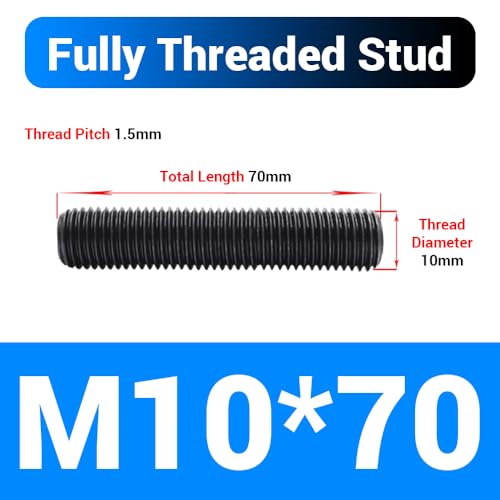 20pcs M10*70mm Fully Threaded Stud, Grade 8.8 Carbon Steel Black Oxide Finish Long Threaded Rod Bar for Furniture Industrial Maintenance Connection Fasteners - size: M10*70-20PCS