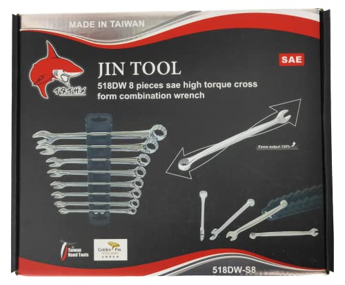 High Torque Cross Form Combination Wrench Set -8 SAE Wrenches (5/16"-3/8"-7/16"-1/2"-9/16"-5/8"-11/16"-3/4")-Curved Grip,Force Saving, Fatigue Reducing Design - Comfortable Hold, with Hanger.