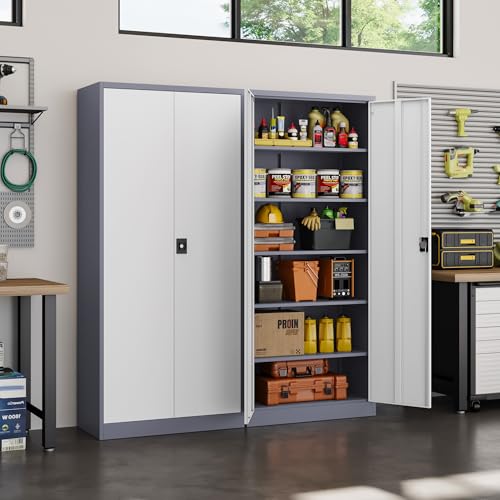 Yizosh Metal Garage Storage Cabinet with Lock, 72" Locking Tool Cabinet with 2 Doors and 4 Shelves for Garage,Office,School (Gray White) - color: Gray White, size: 18"D x 36"W x 72"H