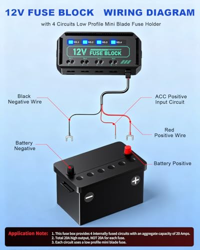ZEXMTE 12V Fuse Block, Universal 20A Relay Box Kit with 4 Circuits Low Profile Mini Blade Fuse Holder, Battery Fuse Box Terminal Block for 12V Vehicles, Automotive Car Trike, Motorcycle