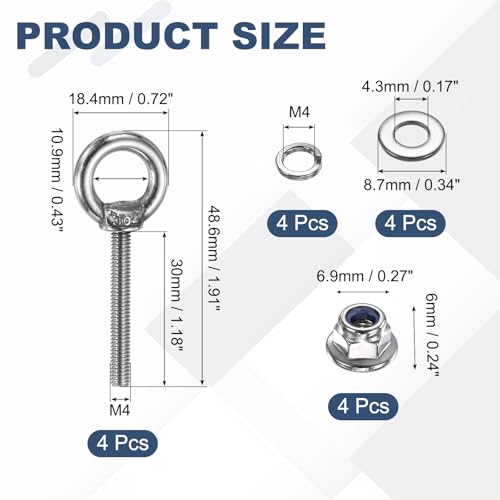 PATIKIL M4 x 30mm Shoulder Eye Bolt, 4 Pcs 304 Stainless Steel Lifting Ring Threaded Eye Bolt with Flange Lock Nuts Spring and Flat Washers for Hanging Tie Down Straps Outdoor Indoor - size: M4 x 30mm