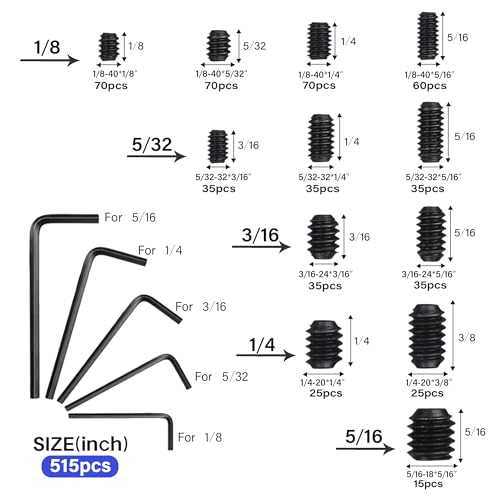 1305PCS Metric + SAE Set Screw Assortment Kit, Internal Hex Drive Headless Set Screw Assortment Kit with 10 Hex Wrenches, M3 to M8 and 1/8-40 to 5/16-18 (Black Alloy Steel) - color: Black