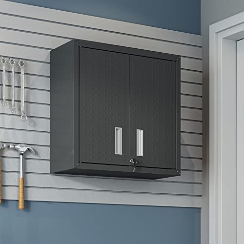 Manhattan Comfort Fortress Floating Garage Storage Cabinet with Adjustable Shelves and Lock, Recessed Handles, Metal Wall Mounted Lockable Utility Cabinet, Steel Garage Storage in Charcoal Gray - color: Charcoal Gray, style: Floating Cabinet