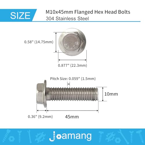 M10 x 45mm 6Pcs Flanged Hex Head Bolts, M10 x 1.5 Bolts, Flange Hexagon Head Screws, 304 Stainless Steel, Bright Finish, Metric Fully Thread - size: M10 x 45mm(6PCS)