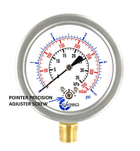 Diaphragm Low Pressure Capsule Gauge, 2-1/2" Dial, 5 PSI Range, 1/4" NPT Lower Mount, Stainless Steel Case, Brass Internals, Adjustable, Scales 5 PSI / 35 kPa / 350 mBar - size: 5 PSI