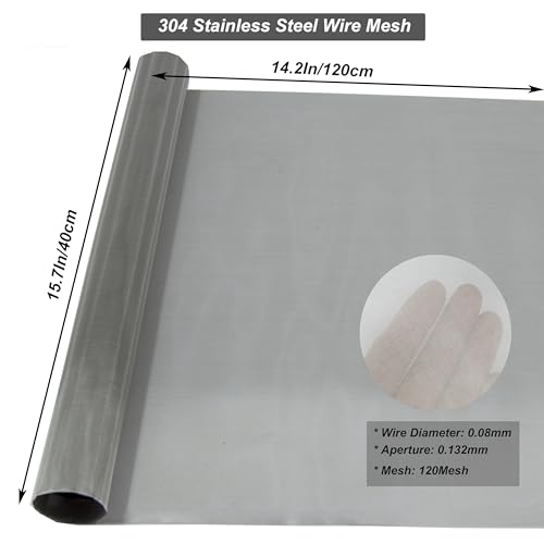 304 Stainless Steel Mesh 120Mesh, 15.7"x47.2"(40x120cm) Metal Mesh Screen, Woven Fine Wire Mesh Easy to Cut for Filter Mesh, Filtration Cloth and DIY Project - style: 120Mesh x 0.08mm