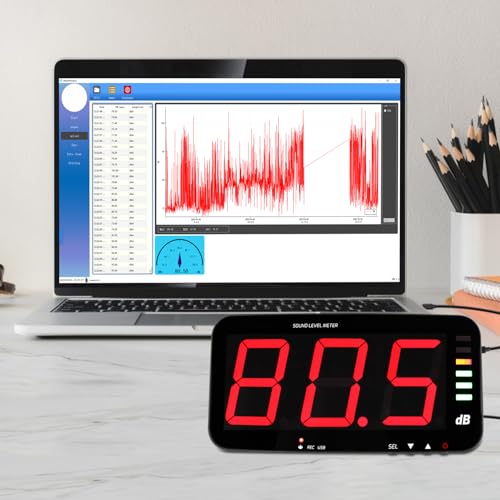 Decibel Meter Sound Level Meter with Data Logging, 13" Large LCD Display Wall Mounted Noise Meter for Classroom w/ 16.4ft Corded Sensor & Alarm Output for Studio Decibel Noise Measuring and Recording