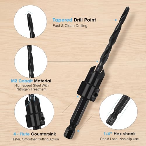 13 PCS Countersink Drill Bit Set with 1/4" Hex Shank Screwdriver Bit Holders, Counter Sink Drill Bits #4, #6, #8, #10, #12, Magnetic Extension bit Holder for Woodworking