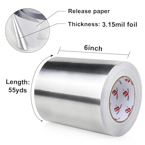 BOMEI PACK Aluminum Foil Tape,Heavy Duty Metal Duct Tape,High Temperature Silver Tape,Perfect for Sealing & Patching,HVAC,Air Ducts,Insulation and Metal Repair (6 Inch x 55 Yards) - size: 6 Inch x 55 Yards
