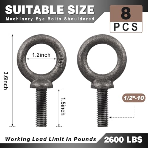 Hicarer 8 Pack 1/2 x 1-1/2 Machinery Eye Bolts Shouldered Rigging Lifting Point, Heavy Duty Lifting Shoulder Eye Bolts, Anchor Rigging Attachment, 2, 600 Lbs Working Load