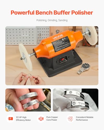 VEVOR 1/2HP Bench Buffer Polisher, 6-inch Bench Polishing Buffing Machine, 3450RPM Single Speed Benchtop Polisher with 2PCS Cloth Wheels & Cast Iron Base for Metal, Jewelry, Wood Polishing - style: 1/2HP-6inch
