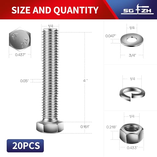 1/4-20 x 4 Hex Head Screw Bolt, Nuts, Flat & Lock Washers, 20Pcs 18-8 (304) Stainless Steel, Fully Threaded, by SG TZH - size: 1/4-20 x 4"