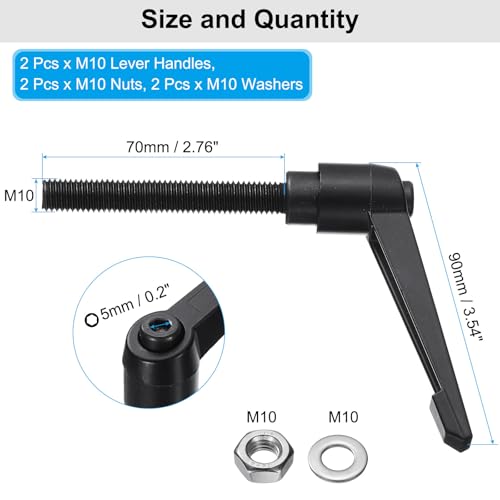 uxcell 2pcs Lever Adjustable Handles M10 x 70mm Metric Male Thread with Nuts Washers, Level Clamping Handle Set Hand Stud Knobs Rotating Screw Handles Bolts with Locking Lever, Black - size: M10 x 70mm