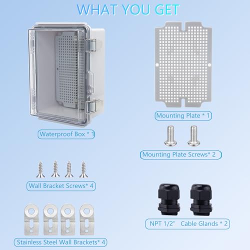 IP67 Waterproof Junction Box, ABS Plastic Electrical Enclosure with Stainless Steel Latch, Hinged Cover Electric Box with Mounting Plate, Wall Brackets & Cable Glands 175x125x90 - color: Clear, size: 6.9''x4.9''x3.5''