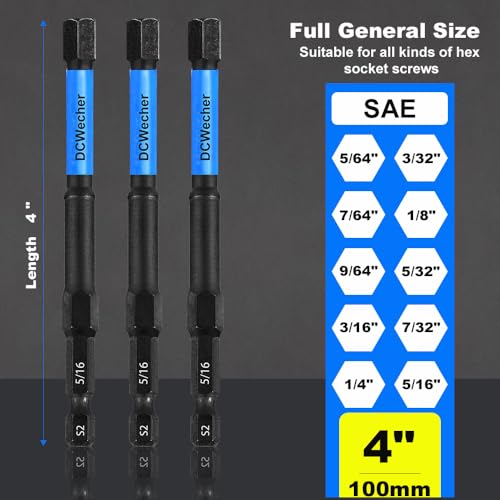 10-Piece Impact Allen Key Drill Bit Set - 4-Inch Long Hex Bit Set (SAE), Magnetic Head, S2 Alloy Steel, 1/4'' Hex-Shank, for DIY Furniture Assembly & Car Repairs, by DCWecher - size: 4 inch 10 Pieces (SAE)