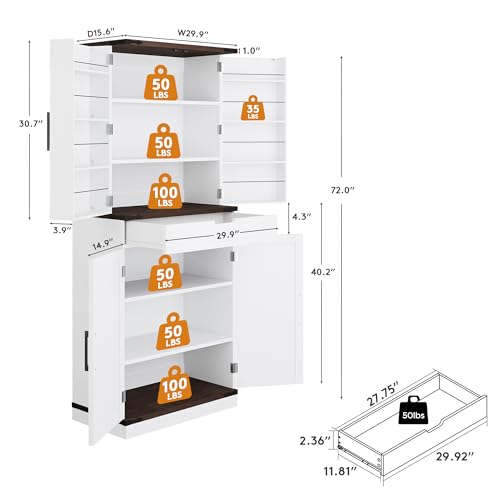 GRUSIGN 72" Kitchen Pantry Storage Cabinet with Doors and Shelves, Wood Farmhouse Pantry Storage with Barn Doors for Kitchen, Dining Room, Living Room - color: New White