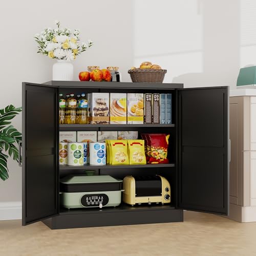 Metal Storage Cabinet with Doors & Adjustable Shelves, 36" Tall Farmhouse Pantry Cabinet, Small Sideboard for Kitchen, Dining, Living & Laundry Room, Black - color: Black, size: 36"H