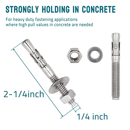 1/4 Concrete Anchors, Stainless Steel Wedge Anchors, 5 Pack - size: 1/4" x 2-1/4"
