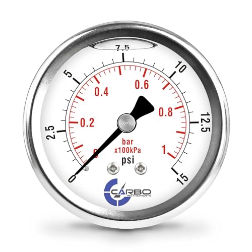 15 PSI Glycerin Liquid Filled Pressure Gauge, 2.5" Dial, 1/4 NPT Back Mount, 304 Stainless Steel Case, Brass Wetted Parts, Dual Scale PSI/Bar - ASME B40.1 Grade A - size: 0-15 PSI, style: STANDARD