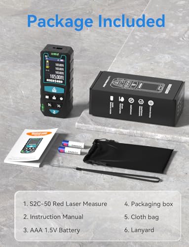 Laser Measuring Tool 165ft, RockSeed Laser Measure with Rotatable HD IPS Color Screen, 12 Measurement Modes, 3 Leveling Modes, 5 Units Switchable, for Stake Marking/Distance/Area/Volume - color: Red Laser