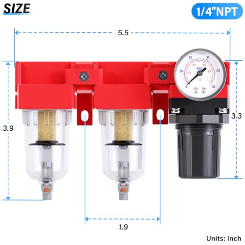 TAILONZ PNEUMATIC 1/4 Inch NPT 150PSI 3 in 1 Air Filter Pressure Regulator Combo Piggyback, Air Tool Compressor Filter, 5 Micron Filter Element(Manual Drainage) - size: 1/4 Inch NPT