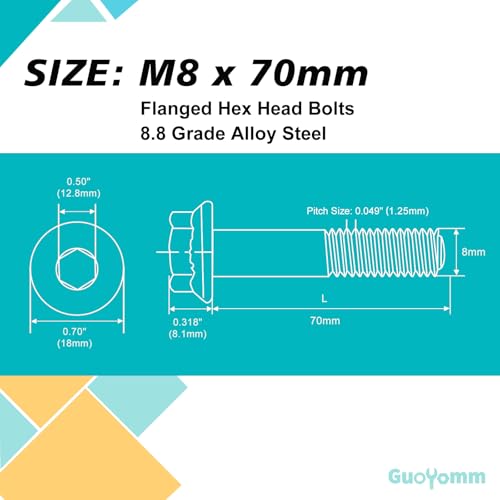 M8 x 70mm 8pcs Flanged Hex Head Bolts, M8 x 1.25 Bolts, Flange Hexagon Head Screws, 8.8 Grade Alloy Steel, Yellow Zinc Plated, Metric Half Thread - size: M8 x 70mm(8PCS)