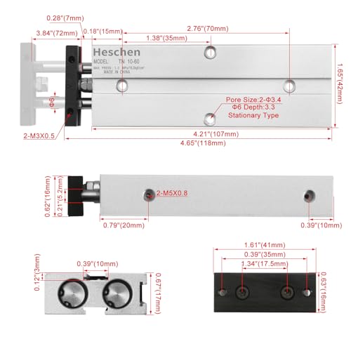 Heschen Double Rod Air Cylinder, TN10x60, 10mm Bore, 60mm Stroke, Double Acting Pneumatic Actuator with Magnetic Piston, 0.4° High Non-Rotation Precision for CNC, Robotics & Pick-and-Place Automation - size: 60mm Stroke