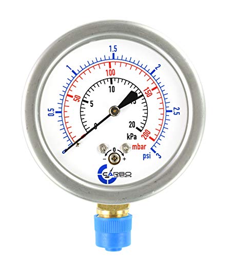 Diaphragm Low Pressure Capsule Gauge, 2-1/2" Dial, 3 PSI Range, 1/4" NPT Lower Mount, Stainless Steel Case, Brass Internals, Adjustable, Scales 3 PSI / 20 kPa / 200 mBar - size: 3 PSI