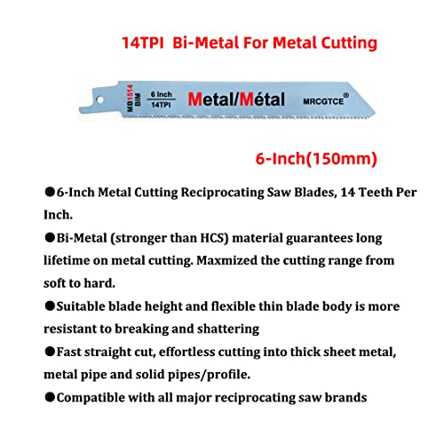 MRCGTCE Metal Cutting Reciprocating Saw Blade, 6-Inch 14TPI Bi-Metal Recip Saw Blades (10pcs) - size: 6-Inch 14T