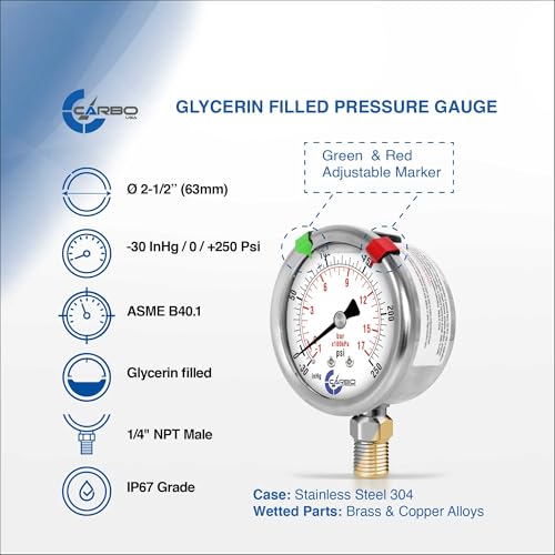 Compound Pressure Gauge -30 inHg to 250 PSI, Liquid Filled, 2.5" Dial, 1/4 NPT Lower Mount, 304 Stainless Steel Case, Brass Wetted Parts, Dual Scale PSI/inHg - ASME B40.1 Grade A - size: -30inHg / 0 / +250Psi, style: STANDARD