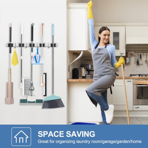 IMILLET 2 Pack Broom Holder Wall Mount Stainless Steel Mop Organizer - color: Stainless Steel - 5 Racks with 4 Hooks, size: 2 Pack