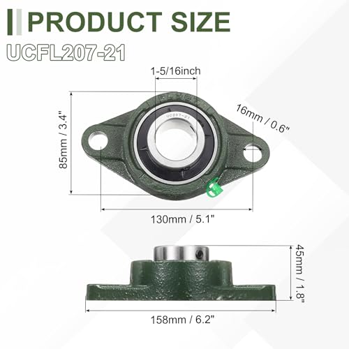 uxcell UCFL207-21 Pillow Block Bearings, 1-5/16 in Bore Chrome Steel, ABEC3 - size: UCFL207-21 (Bore 1-5/16")