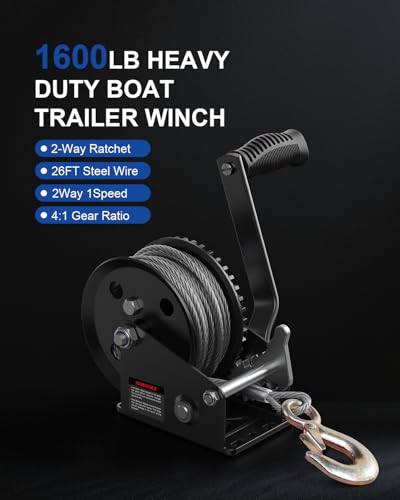 1600lb Boat Trailer Winch with Cable, Portable Hand Winch for Towing - size: 1600Lbs cable Winch