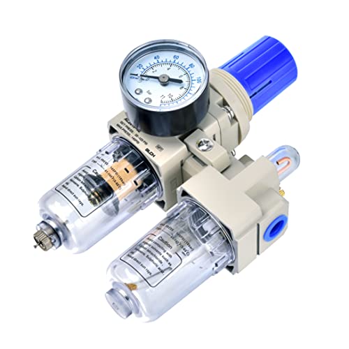 BLCH 1/4" NPT Air Compressor Water Separator - Air Pressure Regulator Compressed Air Filter Regulator Lubricator Combo AC2010-02 Manual Drain Poly Bowl Gauge 0-160 PSI 5μm Brass - size: AC2010-02