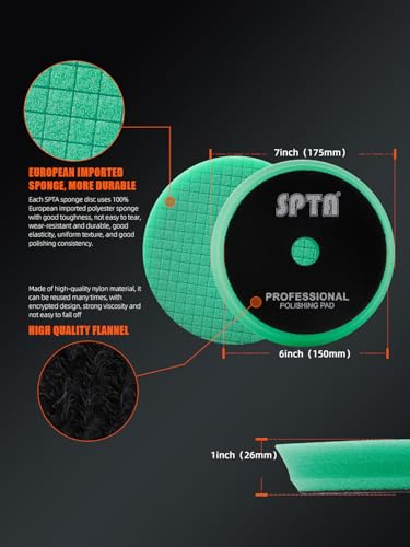 SPTA 10 Pcs Detailing Set, 5Pc 6 inch Buffing Polishing Pads, 1 Microfiber Finish Pad, 1-16 oz Polishing Cleaner, 1 Conditioning Brush, 2-16"*16" Microfiber Towel. for Dual Action and Rotary Polishers - size: 6inch (150mm)