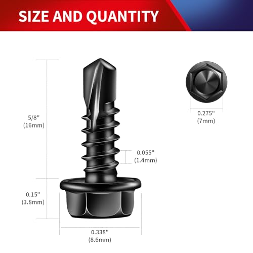 #8 x 5/8" Self Drilling Screws (235Pcs) Hex Washer Head 410 Stainless Steel Self Tapping Screws for Metal Sheet Metal Screws Black Oxide with Hex Socket Included - color: Black, size: #8 x 5/8"