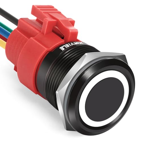 22MM Latching 12V Push Button Switch On/Off,Waterproof with LED Light Power Metal Button Switch for Marine,0.87" Hole with Wire Socket Plug Self-Locking (Ring White LED/Black Shell) - color: Black Shell-White