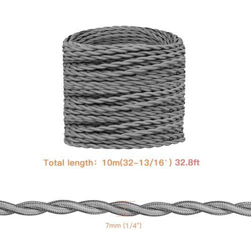 Helunsi 32.8 ft Twisted Cloth Covered Wire, 18/2 Grey Vintage Lamp Cord - color: Grey
