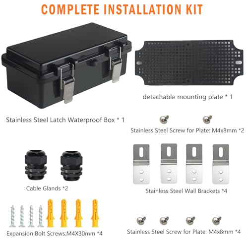 Electrical Junction Box, IP67 Waterproof Outdoor Box ABS Plastic Enclosure with Stainless Steel Latches & Brackets, Hinge Black Cover Project Box with Mounting Plate Outer size7.9"x3.9"x2.8" - color: Black, size: 7.9"x3.9"x2.8"