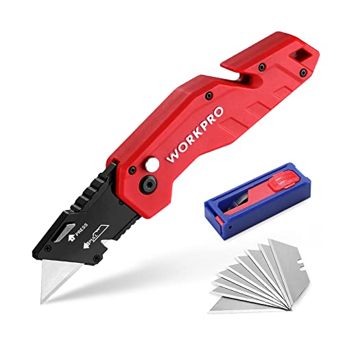 WORKPRO Folding Utility Knife with 10 Blades, Red - color: Red