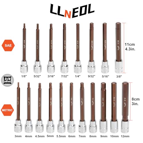 LLNEDL 3/8 Inch Drive Long Allen Hex Bit Socket Set, 19-Piece Hex Head Standard SAE & Metric Sockets (1/8"-3/8", 3-12mm), S2 Alloy Steel Durable Tools for Mechanics - size: 19pcs 3/8 inch socket set