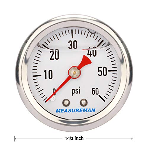 MEASUREMAN 1.5" Dial Size, 304 Stainless Steel case, Liquid Filled Fuel Pressure Gauge, 0-60Psi, 3-2-3%, 1/8" NPT Center Back Mount - size: 0-60 psi, style: Back Mount