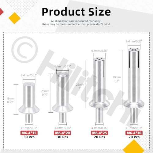 Hilitchi 100Pcs 4 Sizes Hammer Drive Rivets Aluminum Core Rivets M6.4 x 15mm / 20mm / 25mm / 30mm Knock Type Expansion Aluminum Rivets Hammer Drive Aluminium Rivets for Home Electronic Equipment