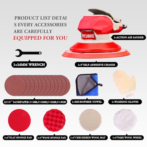 5/6 Inch Pneumatic Orbital Air Sander High-Speed DA Sander for auto body/Ideal for Woodworking, Auto Polishing, and Metal Sanding (6 inch)