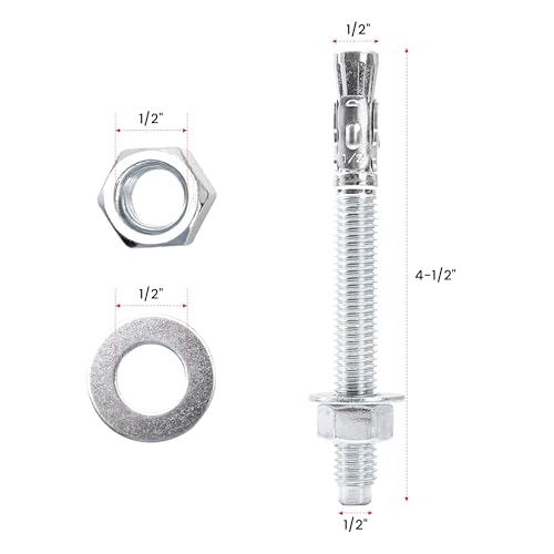 1/2" x 4-1/2" Wedge ANCHORPZ - Concrete Anchor Carbon Steel Wedge Anchor with Excellent Anti-Rust Performance 10PC - size: 1/2"x4-1/2"